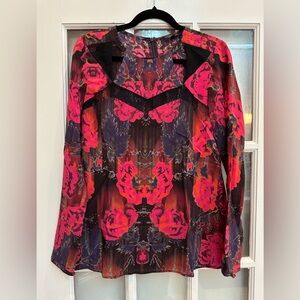 Nanette Lepore Watercolor Mirror Image Floral Roses Silk Blouse Top Size 2 XS